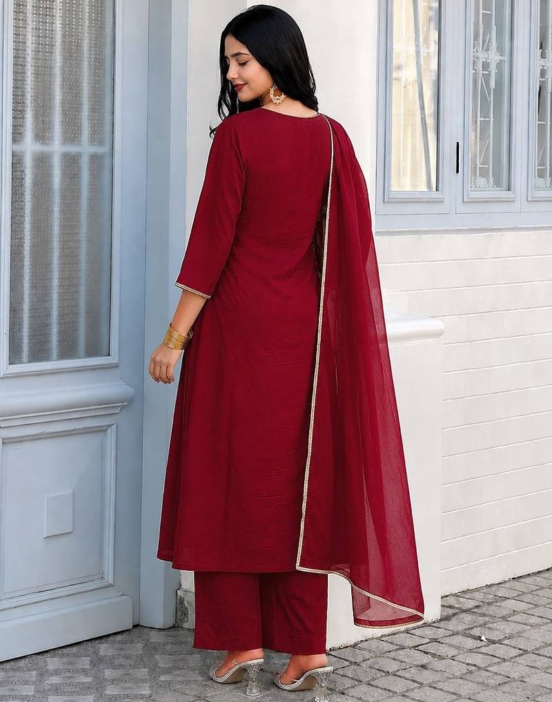 Deep red embroidered kurta set with pants & lace work dupatta