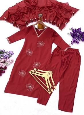 Deep red embroidered kurta set with pants & lace work dupatta 4