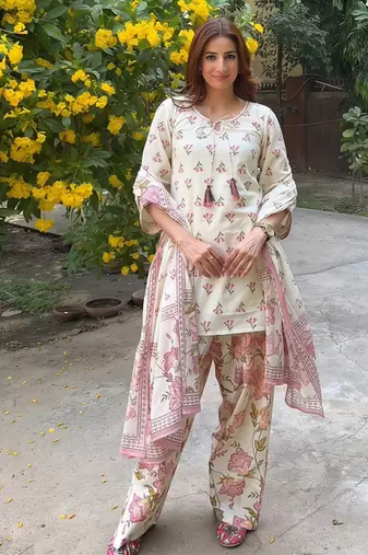 Designer cream floral print kurta with farshi plazo bottom & dupatta set for women