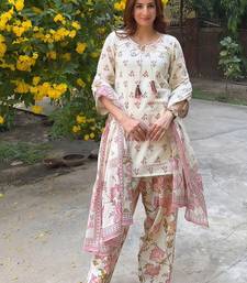 Designer cream floral print kurta with farshi plazo bottom & dupatta set for women
