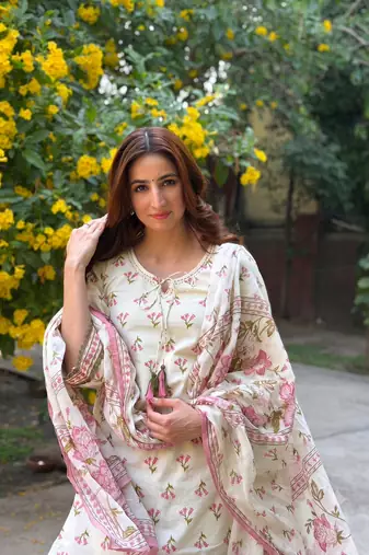 Designer cream floral print kurta with farshi plazo bottom & dupatta set for women