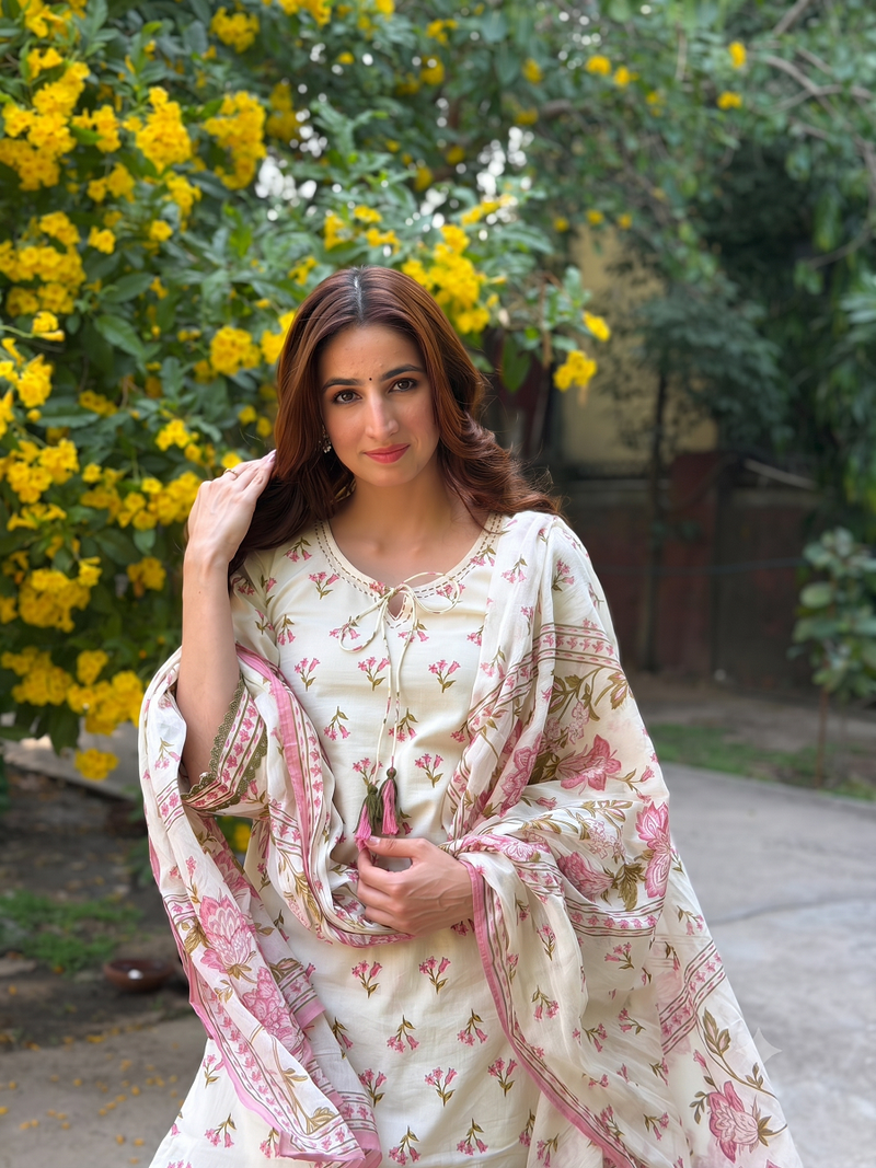 Designer cream floral print kurta with farshi plazo bottom & dupatta set for women