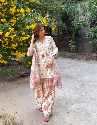 Designer cream floral print kurta with farshi plazo bottom & dupatta set for women 3