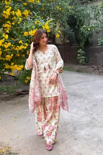 Designer cream floral print kurta with farshi plazo bottom & dupatta set for women