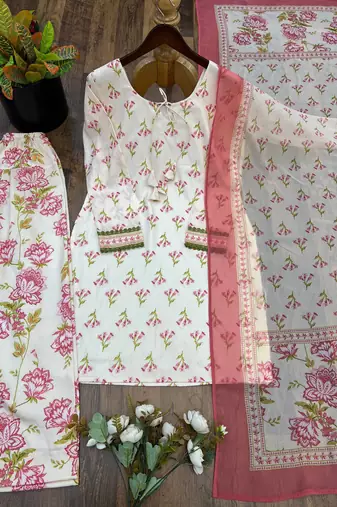 Designer cream floral print kurta with farshi plazo bottom & dupatta set for women
