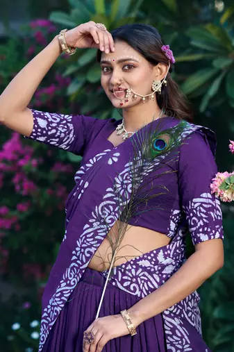 Women's Lightweight Cotton Chanderi Natural Batik Print Gopidress Lehenga Choli Set.