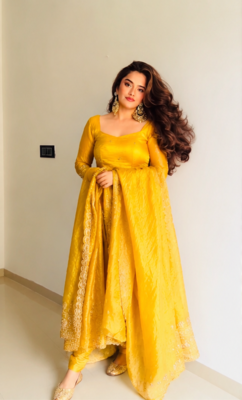 yellow color sequin embroidery silk blend gown set 1