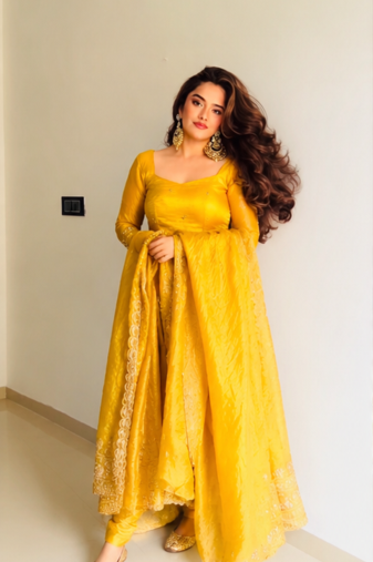 yellow color sequin embroidery silk blend gown set
