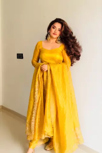 yellow color sequin embroidery silk blend gown set