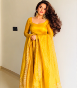 yellow color sequin embroidery silk blend gown set