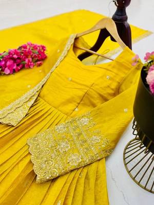 yellow color sequin embroidery silk blend gown set 2