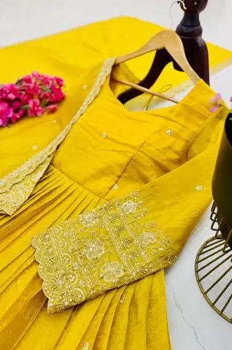 yellow color sequin embroidery silk blend gown set