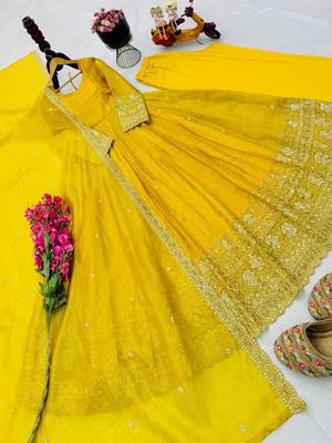 yellow color sequin embroidery silk blend gown set 3
