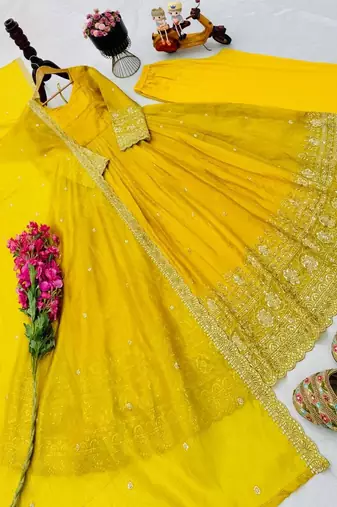 yellow color sequin embroidery silk blend gown set