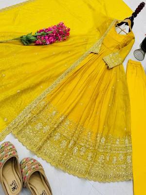 yellow color sequin embroidery silk blend gown set 4