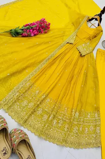 yellow color sequin embroidery silk blend gown set
