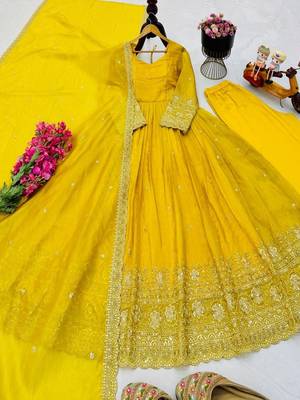yellow color sequin embroidery silk blend gown set 5