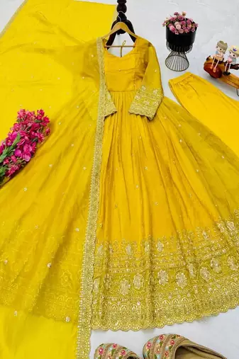 yellow color sequin embroidery silk blend gown set
