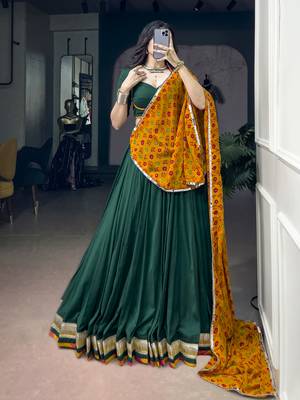 Women Green Chinon free size Navratri Lehenga Choli with Bandhani Dupatta 1