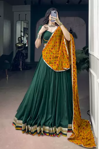 Women Green Chinon free size Navratri Lehenga Choli with Bandhani Dupatta