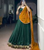 Women Green Chinon free size Navratri Lehenga Choli with Bandhani Dupatta