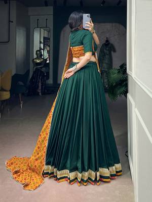 Women Green Chinon free size Navratri Lehenga Choli with Bandhani Dupatta 2