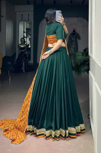 Women Green Chinon free size Navratri Lehenga Choli with Bandhani Dupatta