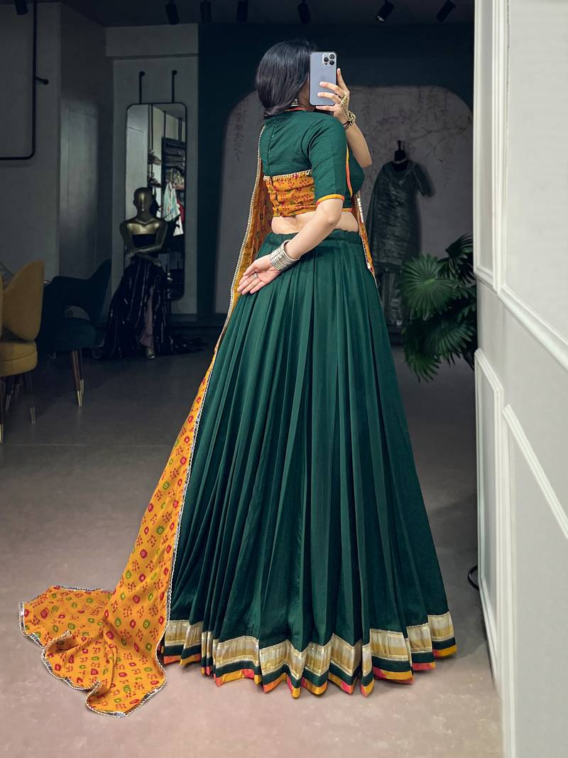 Women Green Chinon free size Navratri Lehenga Choli with Bandhani Dupatta