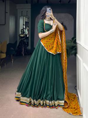 Women Green Chinon free size Navratri Lehenga Choli with Bandhani Dupatta 3