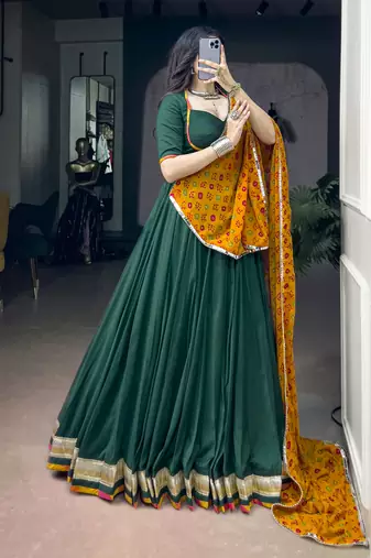 Women Green Chinon free size Navratri Lehenga Choli with Bandhani Dupatta