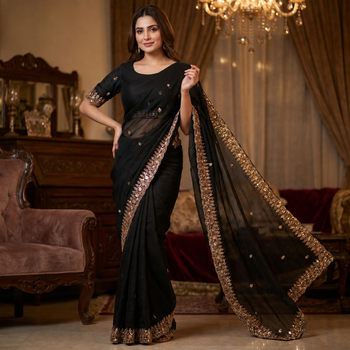 Black Color Beeds Work Silk Blend Saree 1