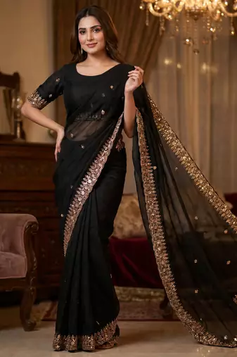 Black Color Beeds Work Silk Blend Saree