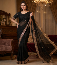 Black Color Beeds Work Silk Blend Saree