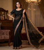 Black Color Beeds Work Silk Blend Saree