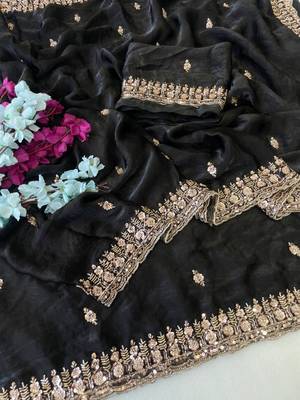 Black Color Beeds Work Silk Blend Saree 2