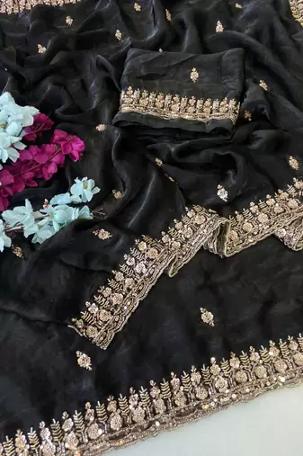 Black Color Beeds Work Silk Blend Saree