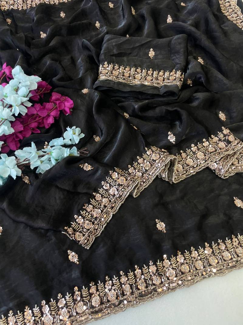 Black Color Beeds Work Silk Blend Saree
