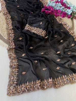 Black Color Beeds Work Silk Blend Saree 3