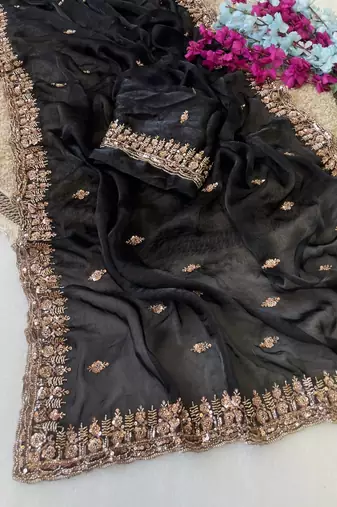 Black Color Beeds Work Silk Blend Saree