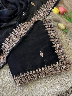 Black Color Beeds Work Silk Blend Saree 4