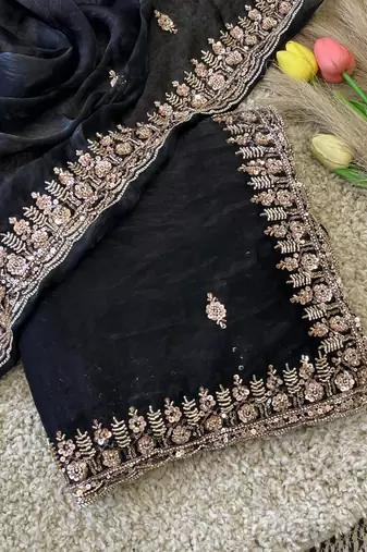 Black Color Beeds Work Silk Blend Saree