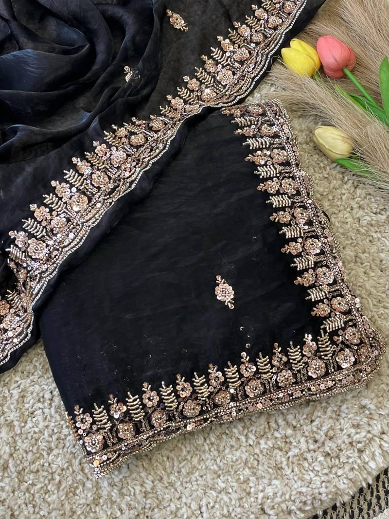 Black Color Beeds Work Silk Blend Saree
