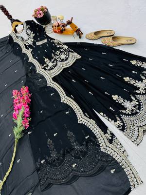 black color cording embroidery sequin work kurti sharara set 3