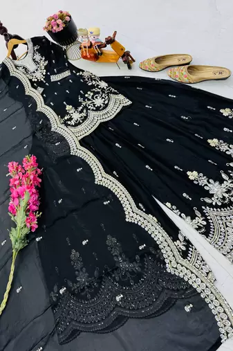 black color cording embroidery sequin work kurti sharara set