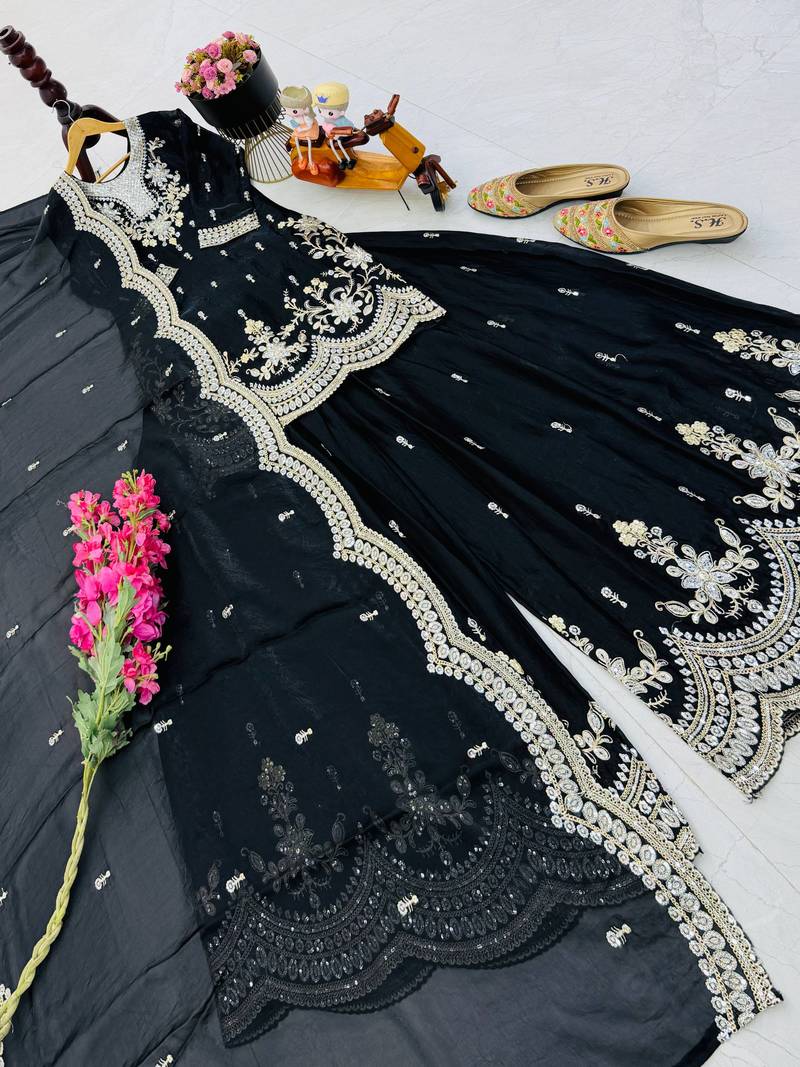 black color cording embroidery sequin work kurti sharara set