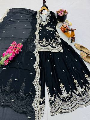 black color cording embroidery sequin work kurti sharara set 4
