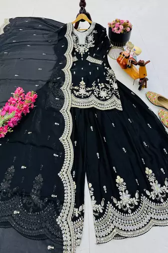 black color cording embroidery sequin work kurti sharara set