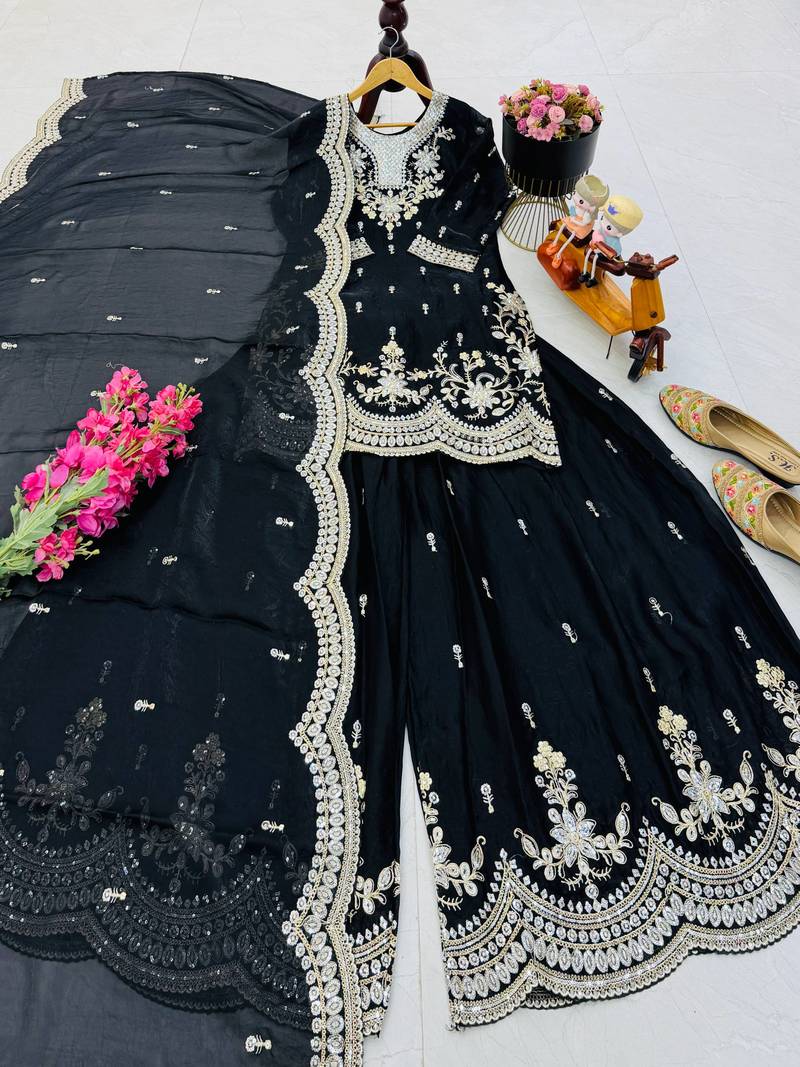 black color cording embroidery sequin work kurti sharara set