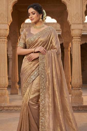 Cream Color Beeds Work Silk Blend Saree