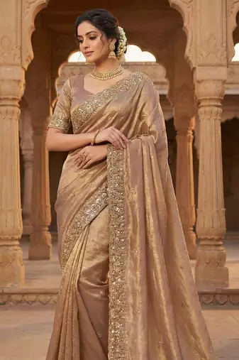 Cream Color Beeds Work Silk Blend Saree